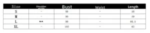 Size chart for women's sleeveless top showing chest and length measurements for S to XL