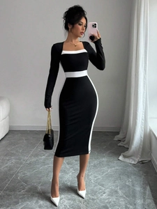Elegant slim fit square neck long sleeve bodycon dress with slimming white side panels