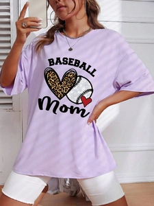 Detail of lilac oversized cotton t-shirt featuring Baseball Mom leopard heart print design
