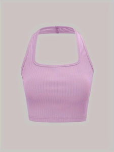 Women's light purple ribbed knit crop top featuring a square neck and sleeveless design