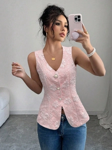Women Elegant Pink Floral Jacquard V-Neck Tank Top Sleeveless Slim Fit Vest With Artificial Pearl Buttons Summer Casual Fashion Top