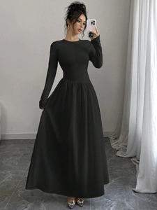 Damen Elegant Französisch Schwarz Rundhals Langarm Maxikleid Minimalistisch Hohe Taille Plissiert A-Linie Abendparty Kleid