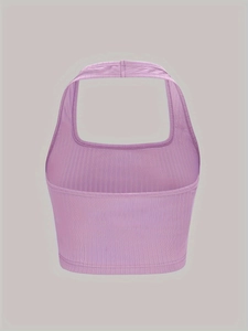 Detail of lavender ribbed knit texture and square neck design on a crop top tank