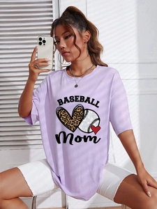 Detail view of purple oversized T-shirt featuring 'BASEBALL Mom' print and leopard heart