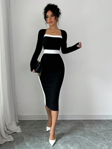 Elegant slim-fit square-neck long-sleeve midi dress with black and white color-block stripes