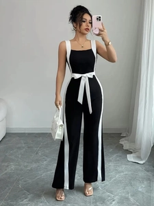 Women Summer Black White Color Block Sleeveless Jumpsuit Square Neck Wide Leg Pants With Waist Tie Bow Belt One Piece Outfit
