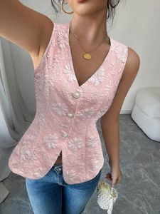 Chic pink floral jacquard sleeveless vest with pearl buttons and V-neck for women