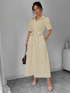 Damen Elegant Kurzarm Hemdkleid Einfarbig Durchgehende Knopfleiste Maxikleid Mit Taillierung Lässiges Büro Sommer Langes Kleid
