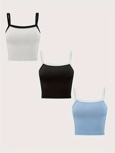 Débardeur Camisole Sexy à Côtes pour Femmes Court Sans Manches Bordure Contrastée Coupe Ajustée Haut d'Été