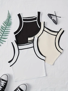 Women Sexy Square Neck Sleeveless Tank Top Contrast Binding Slim Fit Short Crop Top Black White Beige Polyester Spandex Top