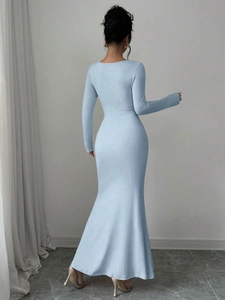 Elegant light blue long sleeve bodycon mermaid dress with floor-length flowing hemline
