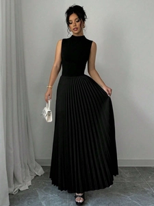 Elegant women's sleeveless high-neck maxi dress with pleated skirt in solid black