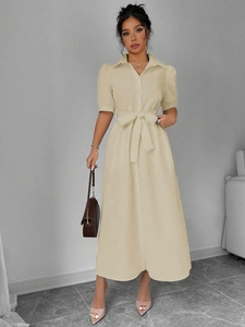 Elegantes langärmeliges Hemdblusenkleid für Damen in Apricot mit Taillengürtel Stil