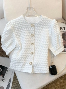 Elegant Women Seersucker Textured Blouse Round Neck Short Puff Sleeve Artificial Pearl Button Shirt Fashion Office Lady Summer Top