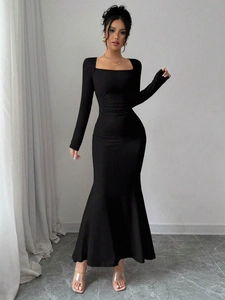 Elegant black long sleeve fishtail dress with square neckline and ruched waist design