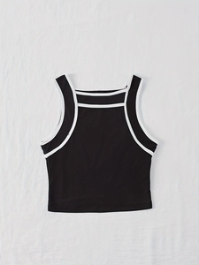 Women's sexy square neck sleeveless crop top in black with white contrast trim detailing