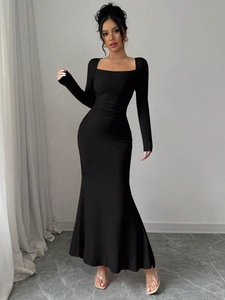 Elegant black bodycon maxi dress featuring a square neck and fishtail hemline
