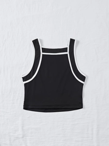 Slim fit black square neck cropped tank top with white contrast piping on white fabric