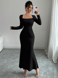 Elegant black long sleeve fishtail dress with square neck and slim fit waist pleats