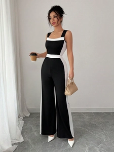 Elegant sleeveless black and white patchwork wide-leg jumpsuit for summer vacation