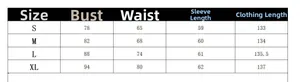 Size chart table for off-shoulder printed maxi dress with bust and waist measurements
