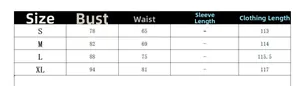 Size chart for off-shoulder pleated gradient dress including bust and waist measurements