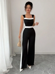 Chic black and white color-block sleeveless wide-leg jumpsuit with square neck