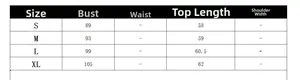 Size chart showing bust and length measurements in cm for S to XL sleeveless tops