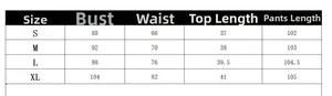 Size chart table for summer halter top and wide-leg pants set with measurements in cm