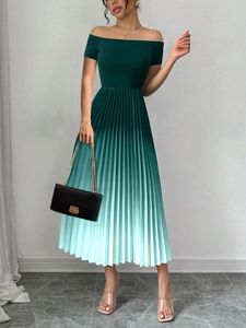Elegant off-shoulder pleated gradient dress in forest to mint green with a slim fit