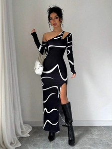 Elegant off-shoulder slim maxi dress with graffiti print, side slit, and long sleeves