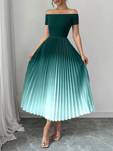 Elegant off-the-shoulder pleated maxi dress with dark green to cream gradient effect