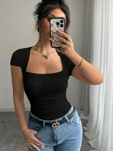 Slim fit black square neck knit t-shirt for women featuring minimalist aesthetic style