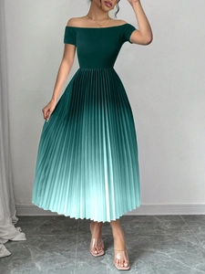 Elegant off-shoulder pleated maxi dress with green to blue ombre gradient effect