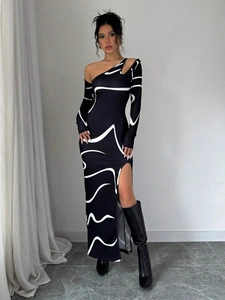 Elegant off-shoulder bodycon midi dress with abstract white graffiti print and side slit