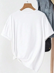 Women's casual white crew neck short sleeve T-shirt featuring a stylish side hem knot