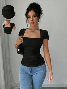 Women Sexy Slim Fit Square Neck Ruched Knit T-Shirt Summer Solid Color Short Sleeve Streetwear Fashion Top
