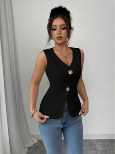Chic black sleeveless blazer vest for women featuring two large textured gold buttons