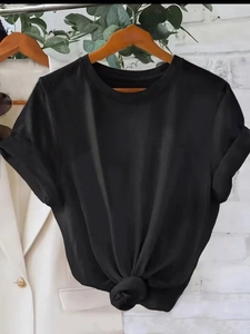 Women's black short sleeve t-shirt with crew neck and stylish front knot hem detail