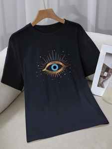 T-Shirt Femme Décontracté Imprimé Mauvais Œil Col Rond Manches Courtes Tissu Soie de Lait Ample Top Graphique Été