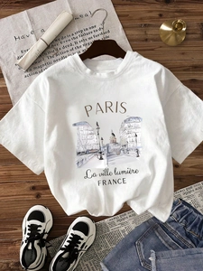 T-Shirt Décontracté à Manches Courtes Col Rond pour Femmes Imprimé Croquis Ville Paris Top Streetwear d'Été