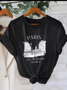 Damen Casual Rundhals Kurzarm T-Shirt Mit Paris Stadt Print Lockere Passform Milchseide Street Style Sommer Tee Top