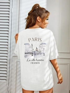 Women's white loose short-sleeved T-shirt with vintage Paris street scene print