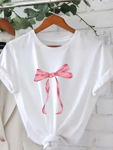 Women's Casual Round Neck Short Sleeve T-Shirt Fashionable Pink Bow Ribbon Print Knotted Hem Streetwear Summer Top