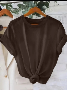 Minimalist dark brown crewneck t-shirt featuring a decorative front knot hem and rolled sleeves