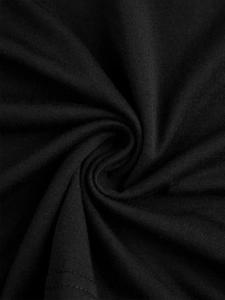 Detail of soft black cotton knit fabric showing fine texture and double-stitch hem