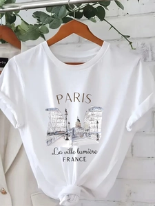 Damen T-Shirt in Weiß aus Baumwollmischung mit Paris-Skizze und klassischem Rundhals-Ausschnitt