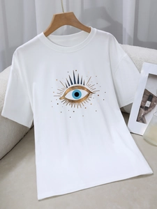 T-shirt blanc à manches courtes avec imprimé œil maléfique doré en coton doux