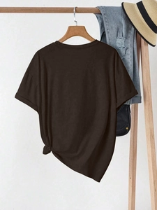 Women's casual dark brown round neck short sleeve T-shirt with front knot design