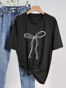 Women Round Neck Short Sleeve T-Shirt Loose Fit Milk Silk Fabric White Bow-knot Graphic Print Fashion Summer Top Black